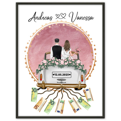 Geldgeschenk für Hochzeit Wandbild Rosa Aquarell personalisiert