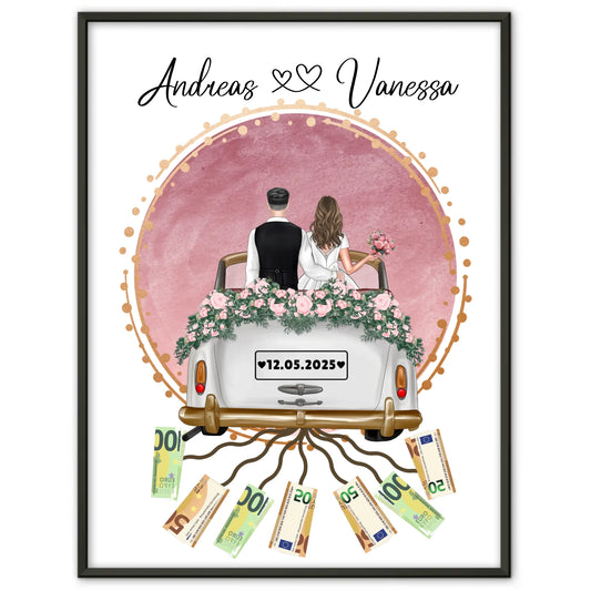 Geldgeschenk für Hochzeit Wandbild Rosa Aquarell personalisiert