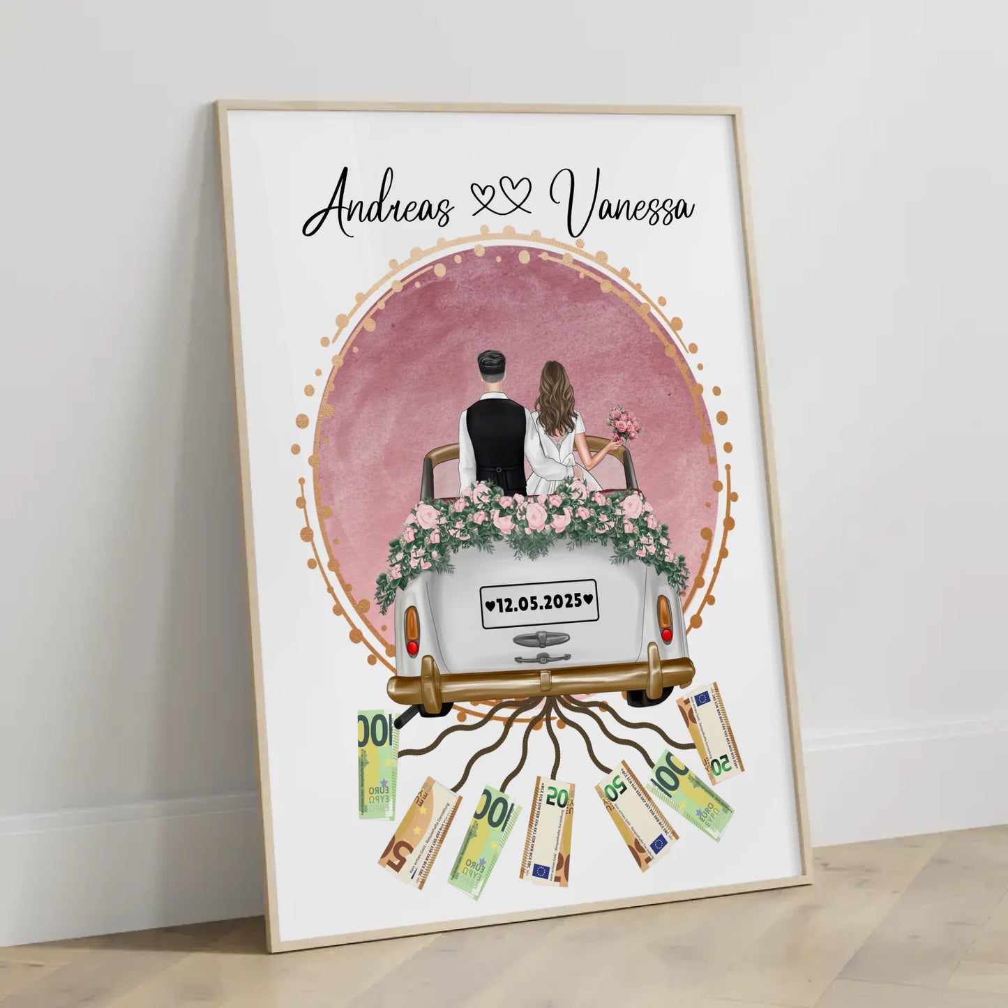 Geldgeschenk für Hochzeit Wandbild Rosa Aquarell personalisiert