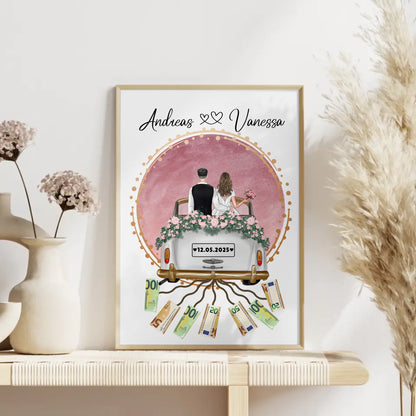 Geldgeschenk für Hochzeit Wandbild Rosa Aquarell personalisiert