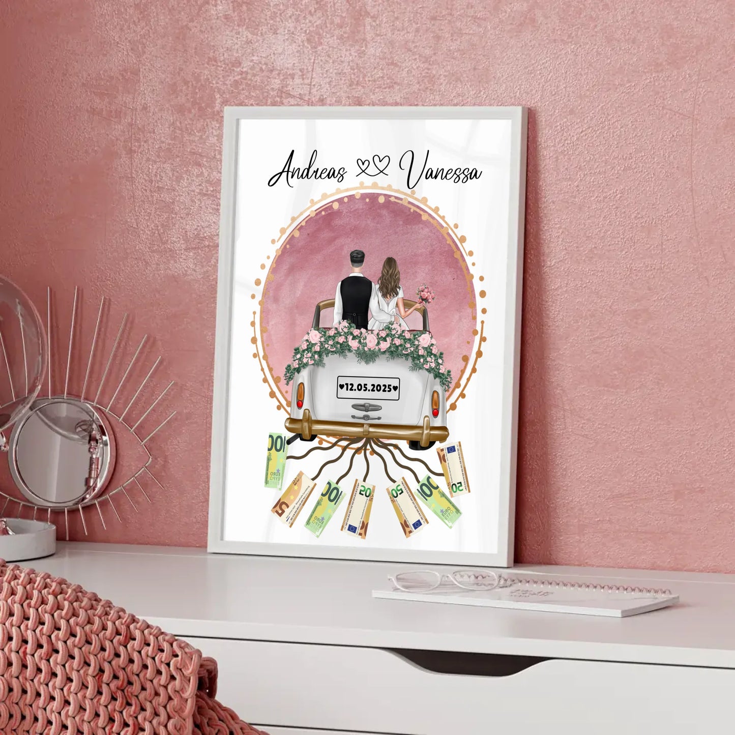Geldgeschenk für Hochzeit Wandbild Rosa Aquarell personalisiert