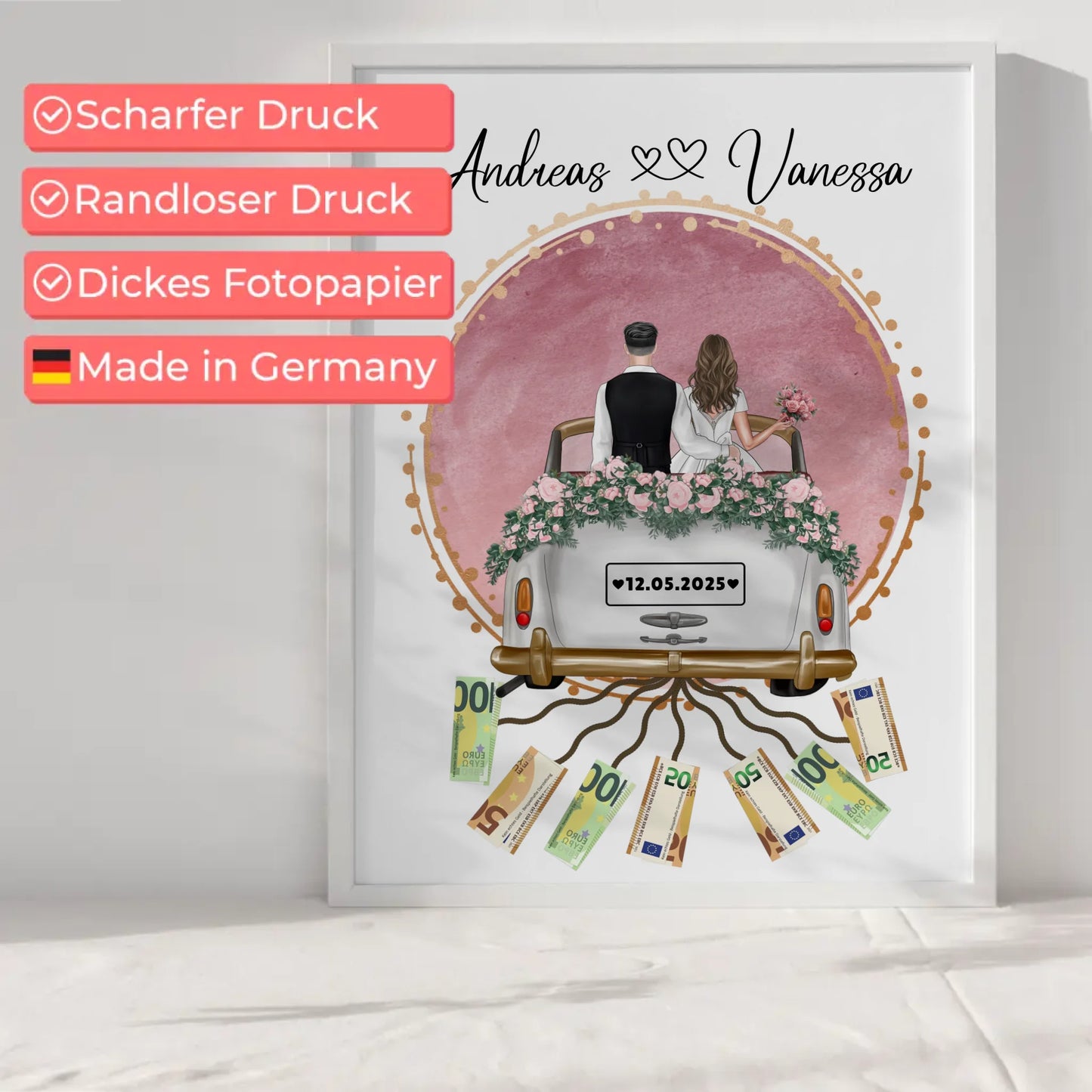 Geldgeschenk für Hochzeit Wandbild Rosa Aquarell personalisiert