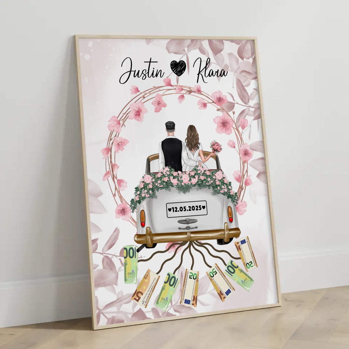 Personalisierte Geschenkidee Geldgeschenk Hochzeit Poster Blumenkranz
