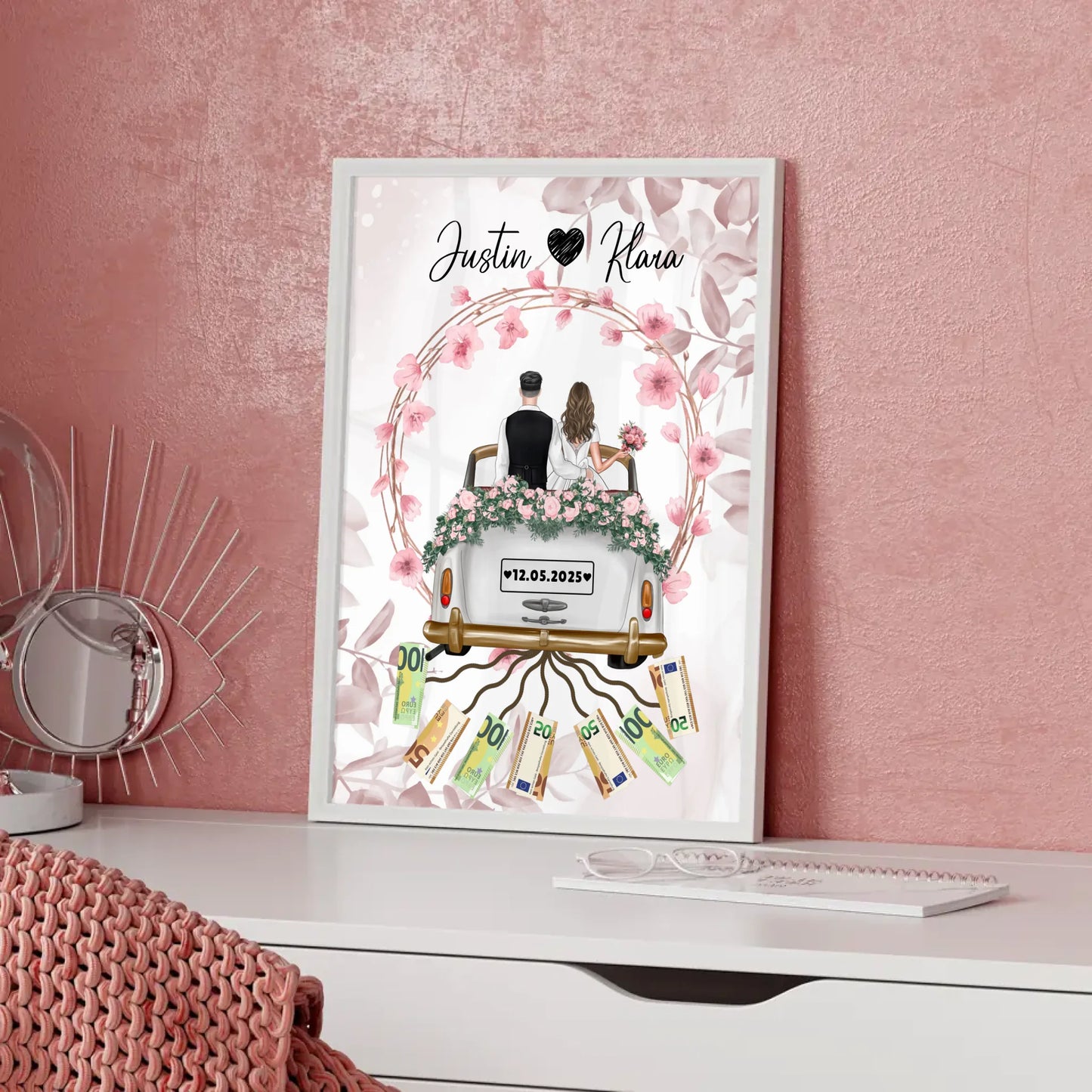 Personalisierte Geschenkidee Geldgeschenk Hochzeit Poster Blumenkranz