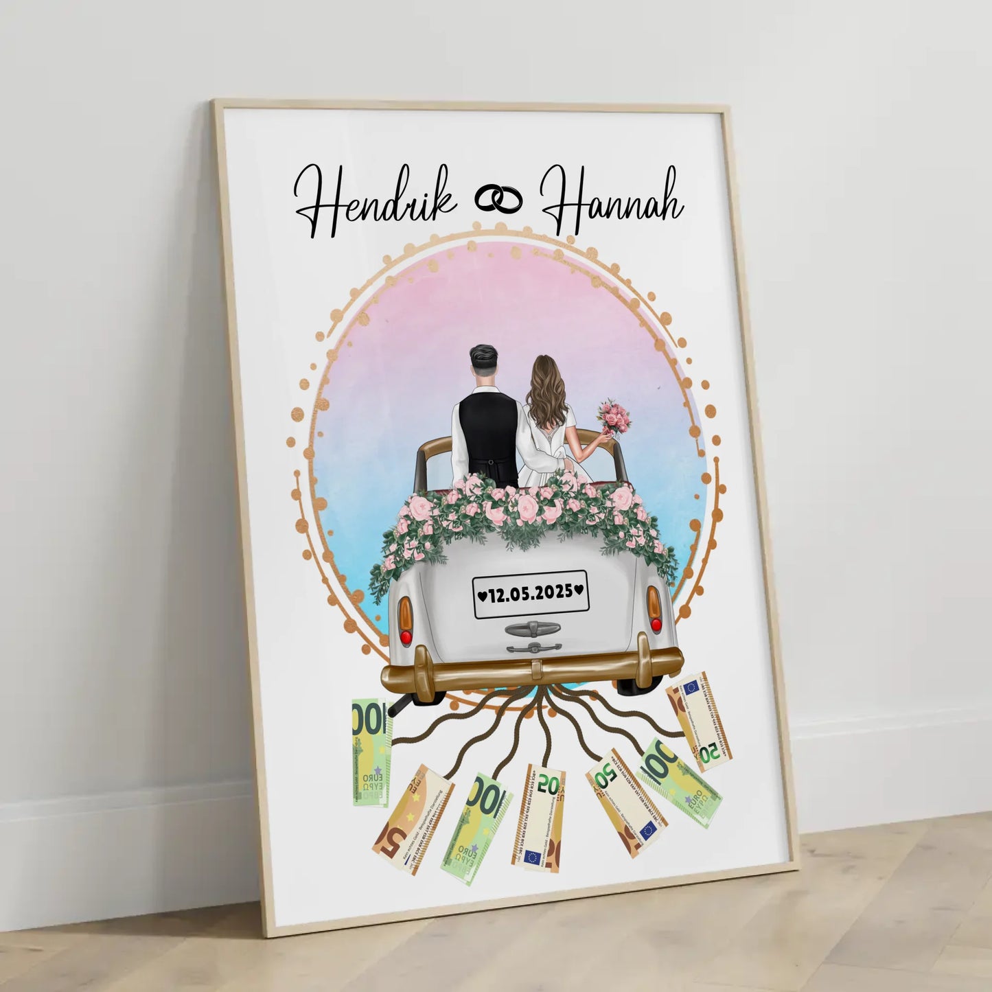 Kreatives Geldgeschenk Poster für Hochzeit mit Namen und Datum