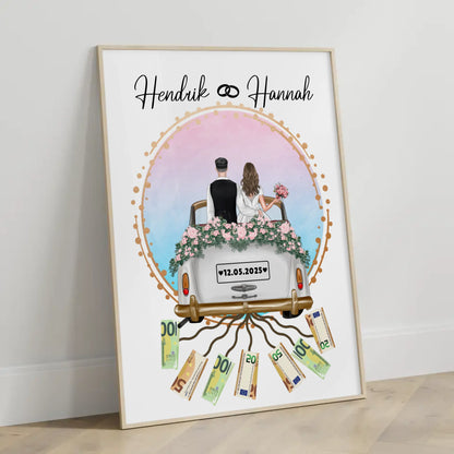 Kreatives Geldgeschenk Poster für Hochzeit mit Namen und Datum
