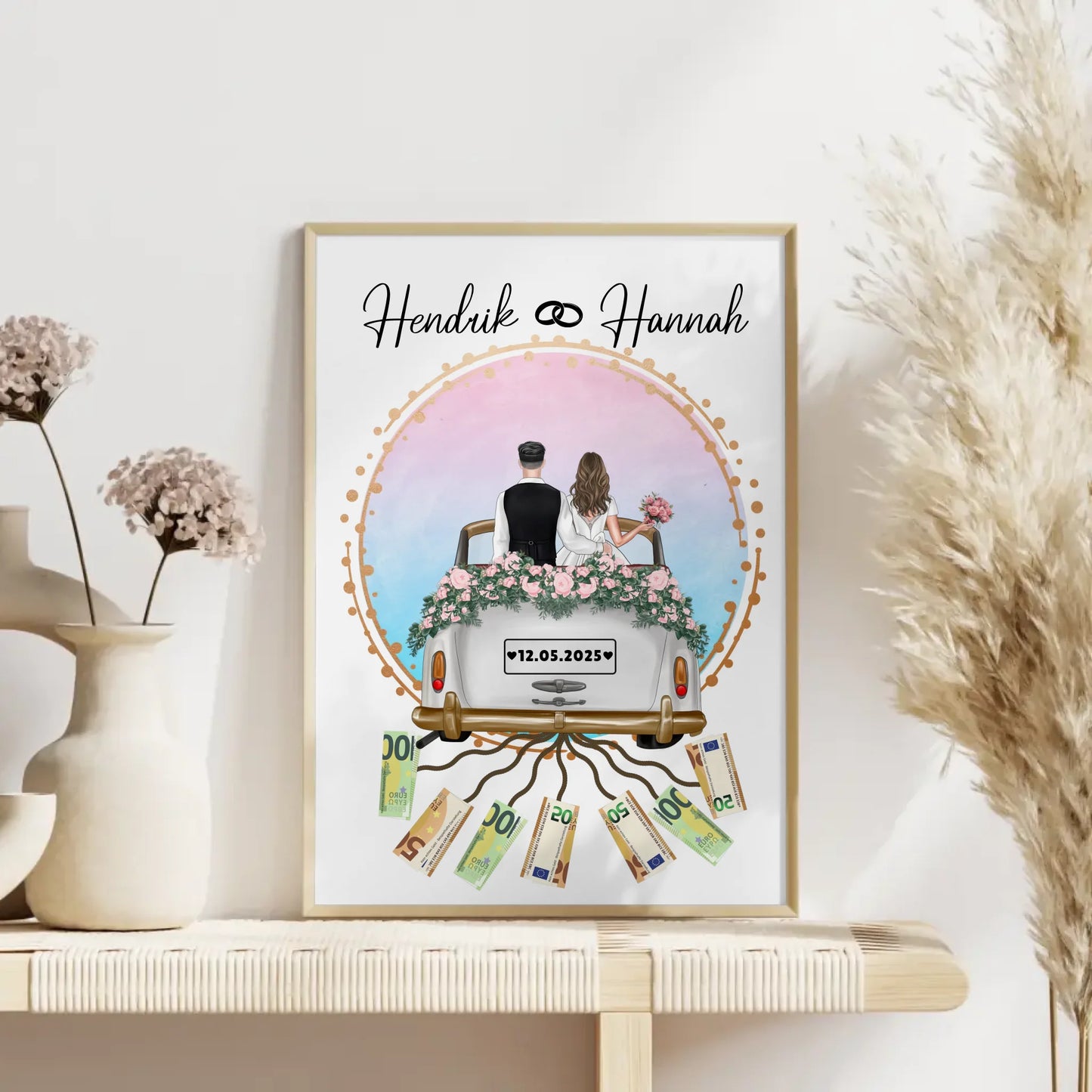 Kreatives Geldgeschenk Poster für Hochzeit mit Namen und Datum