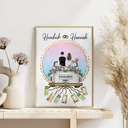 Kreatives Geldgeschenk Poster für Hochzeit mit Namen und Datum
