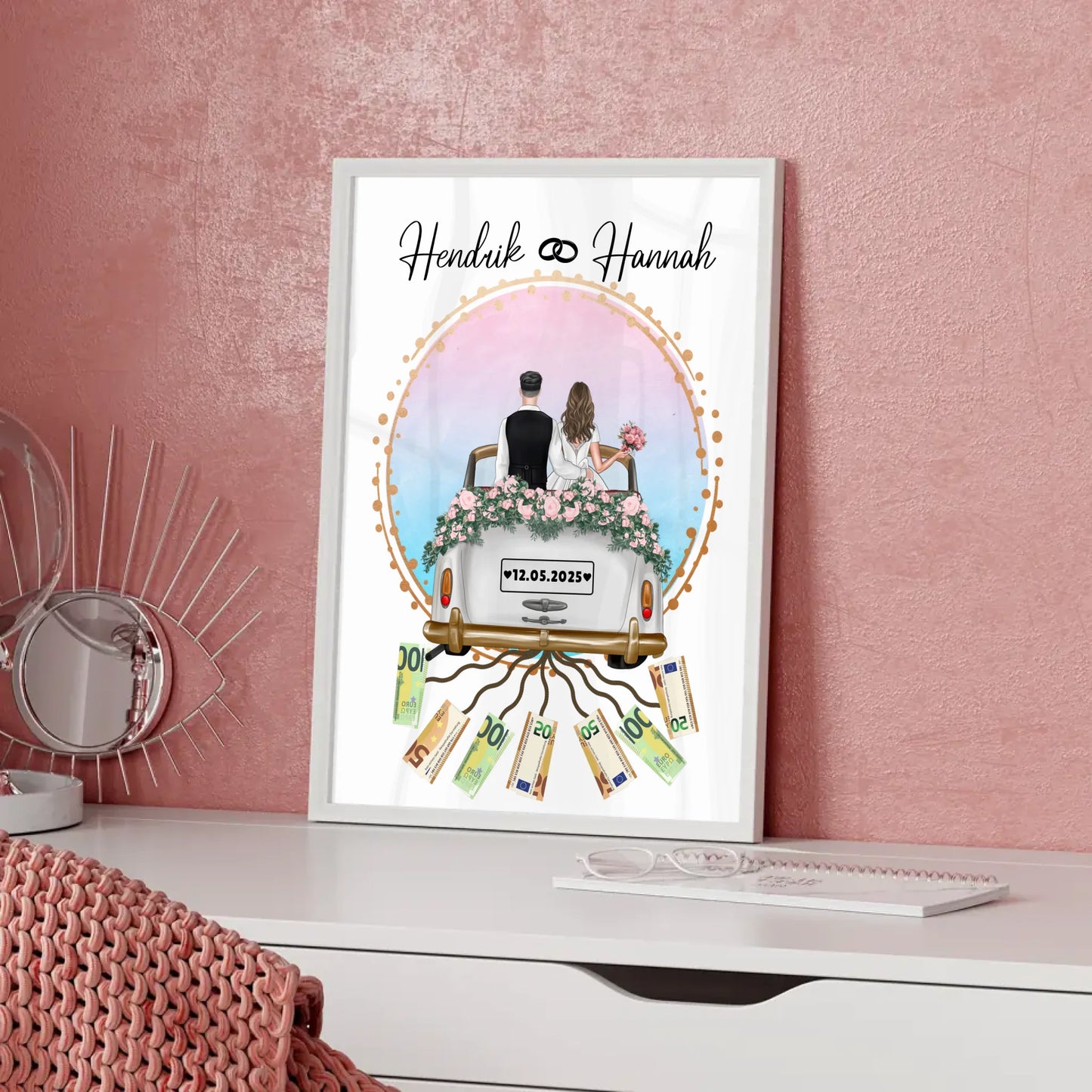 Kreatives Geldgeschenk Poster für Hochzeit mit Namen und Datum