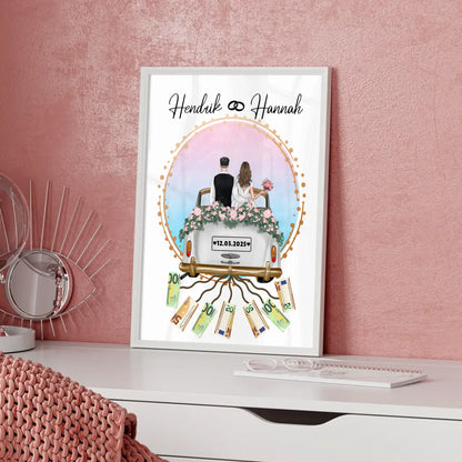 Kreatives Geldgeschenk Poster für Hochzeit mit Namen und Datum