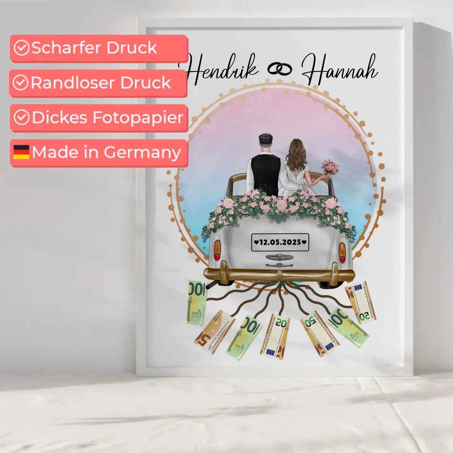 Kreatives Geldgeschenk Poster für Hochzeit mit Namen und Datum