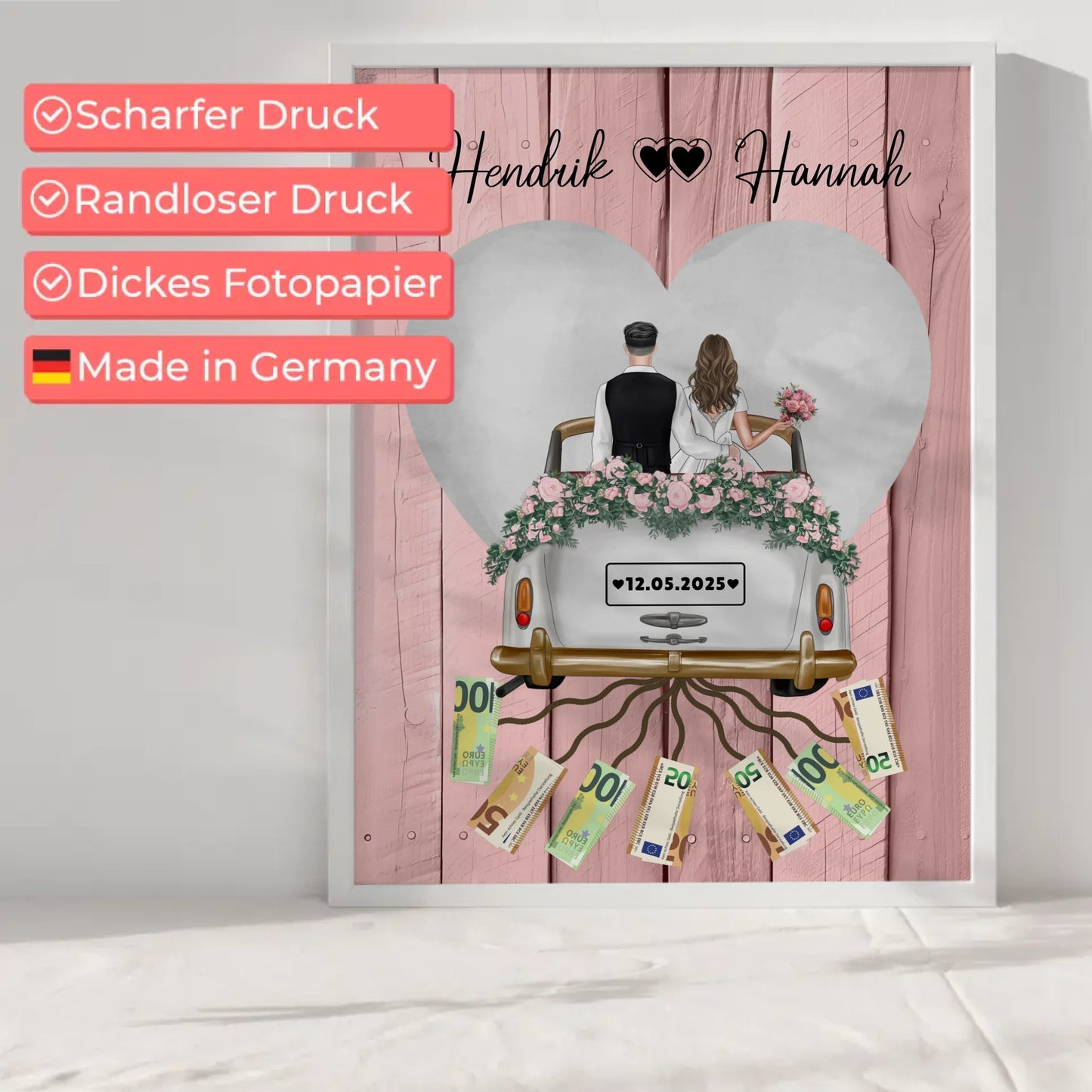 Wandbild Geldgeschenk für Hochzeit mit Namen personalisiert
