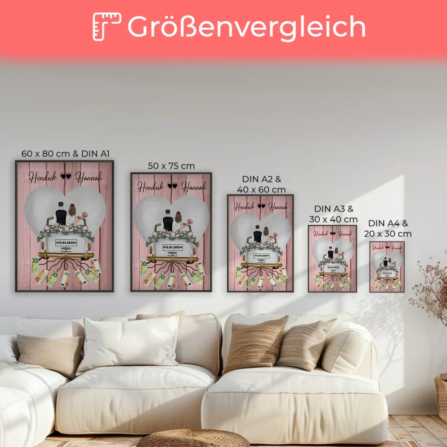 Wandbild Geldgeschenk für Hochzeit mit Namen personalisiert