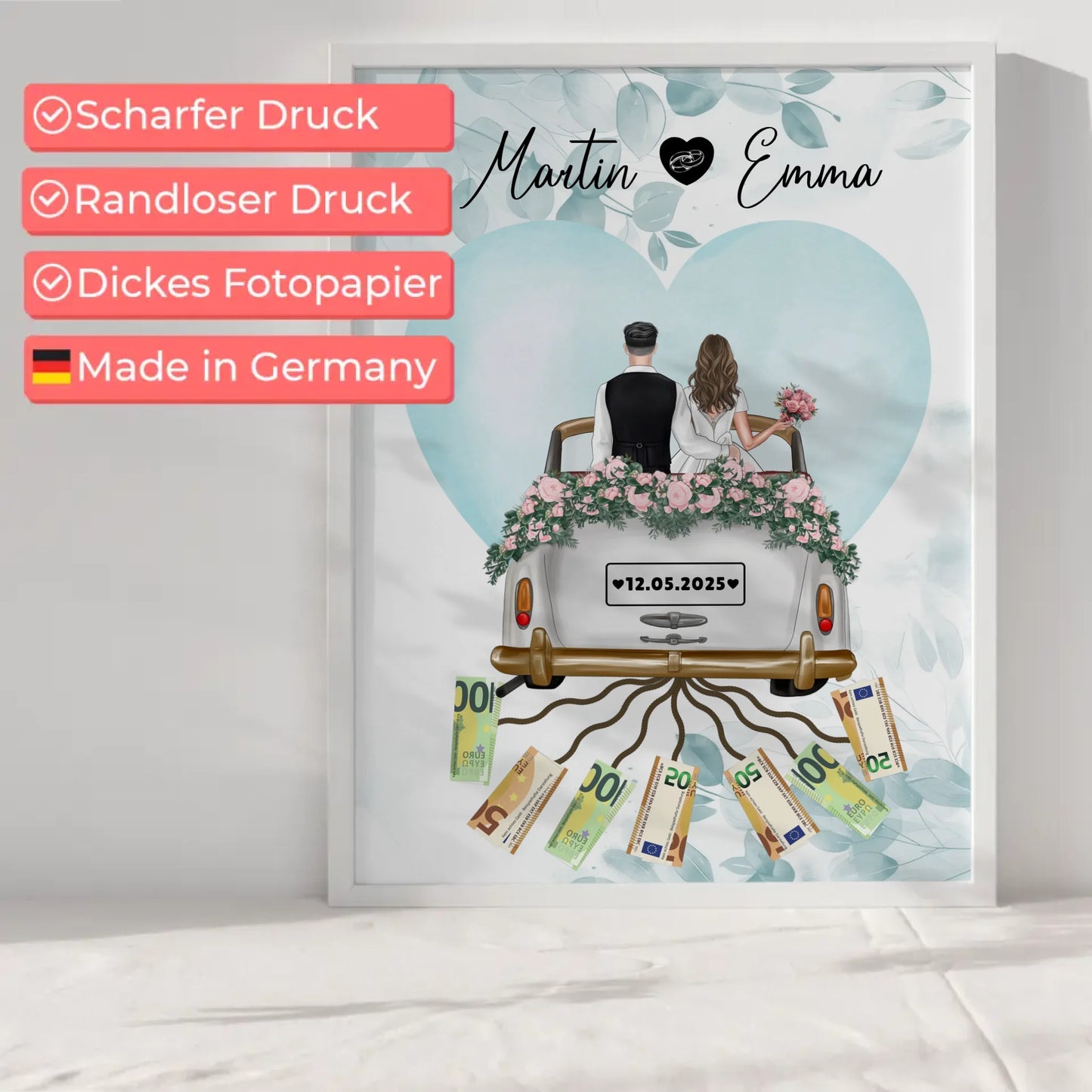 Kreatives Geldgeschenk Poster für Hochzeit mit Wunschtext Namen