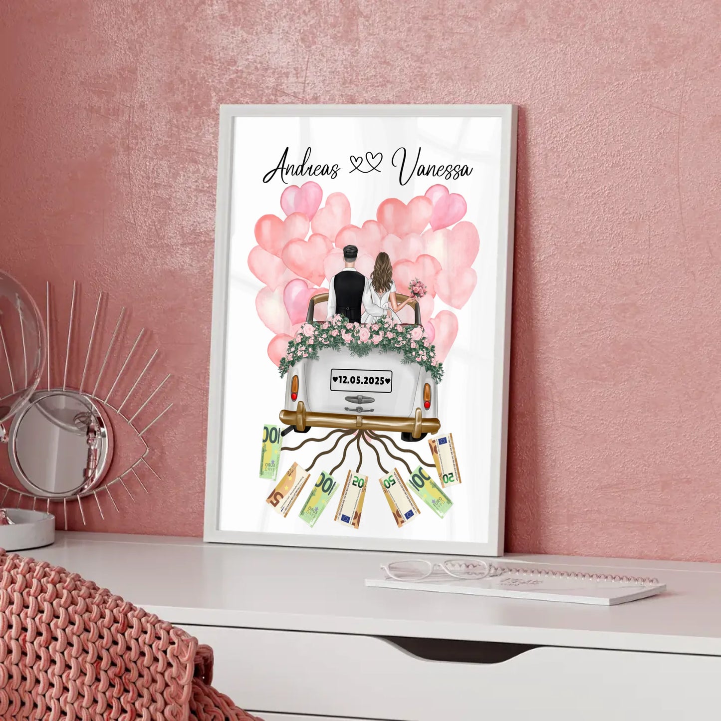 Personalisierte Hochzeit Poster als Geldgeschenkidee mit Namen und Datum