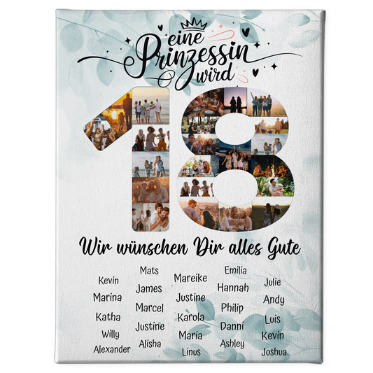 Personalisierte Fotoleinwand mit Unterschriften 18 Geburtstag Eine Prinzessin wird