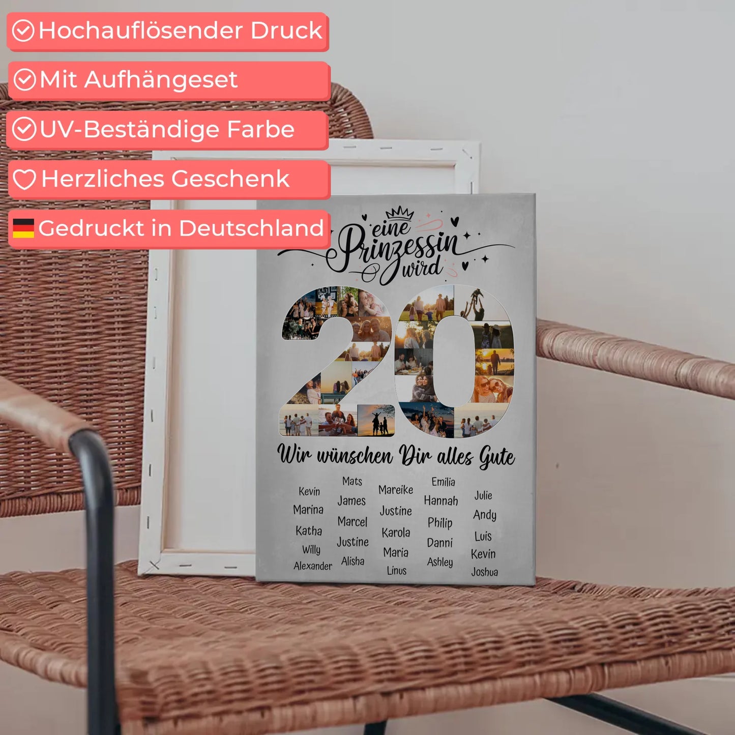 Personalisierte Fotoleinwand mit Wunschtext 20 Geburtstag Prinzessin