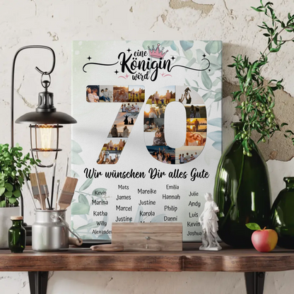 Personalisierte Fotoleinwand mit Unterschriften 70 Geburtstag Eine Königin wird