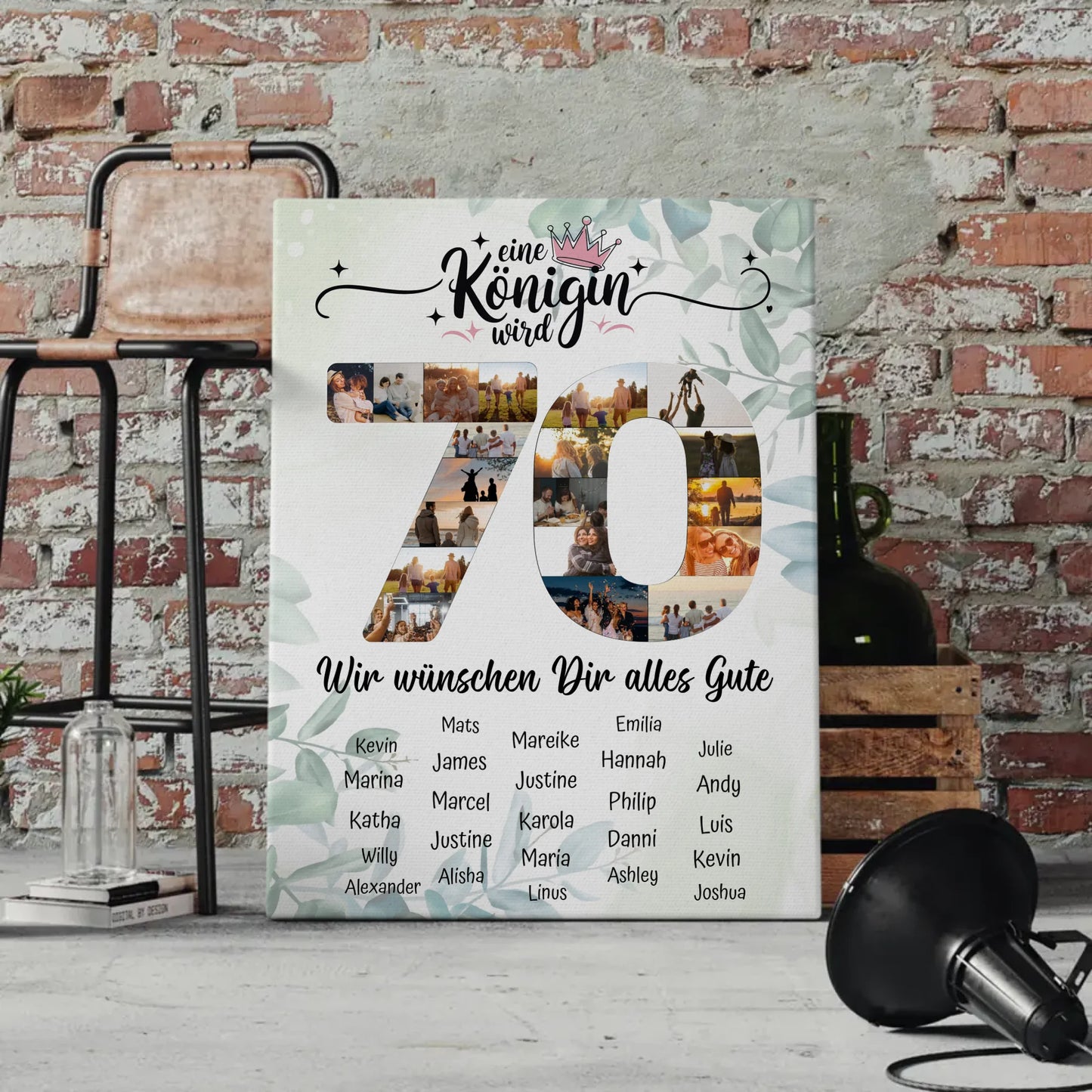 Personalisierte Fotoleinwand mit Unterschriften 70 Geburtstag Eine Königin wird