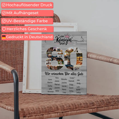 Personalisierte Fotoleinwand mit Wunschtext 80 Geburtstag Eine Königin wird
