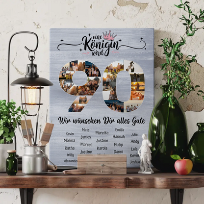 Personalisierte Fotoleinwand mit Unterschriften 90 Geburtstag Eine Königin wird
