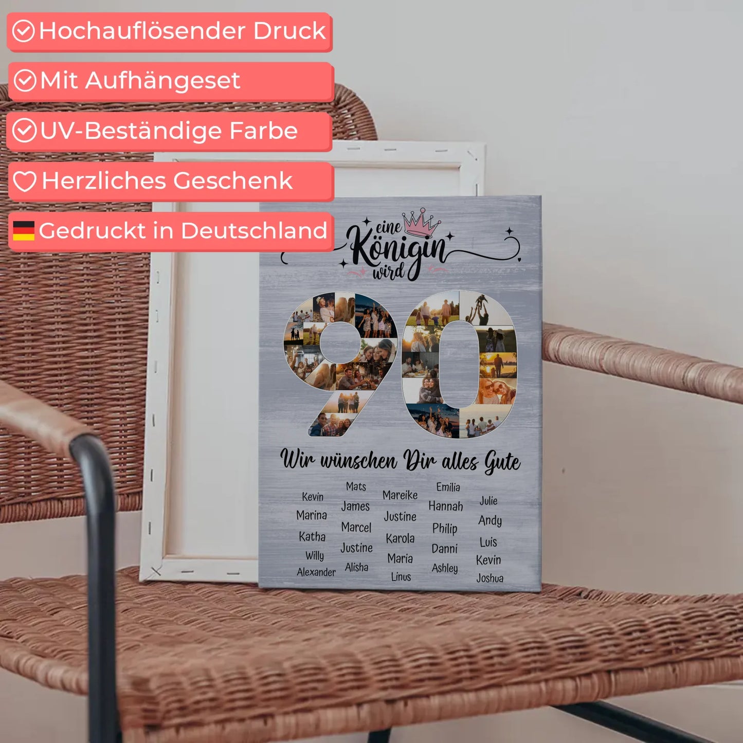 Personalisierte Fotoleinwand mit Unterschriften 90 Geburtstag Eine Königin wird