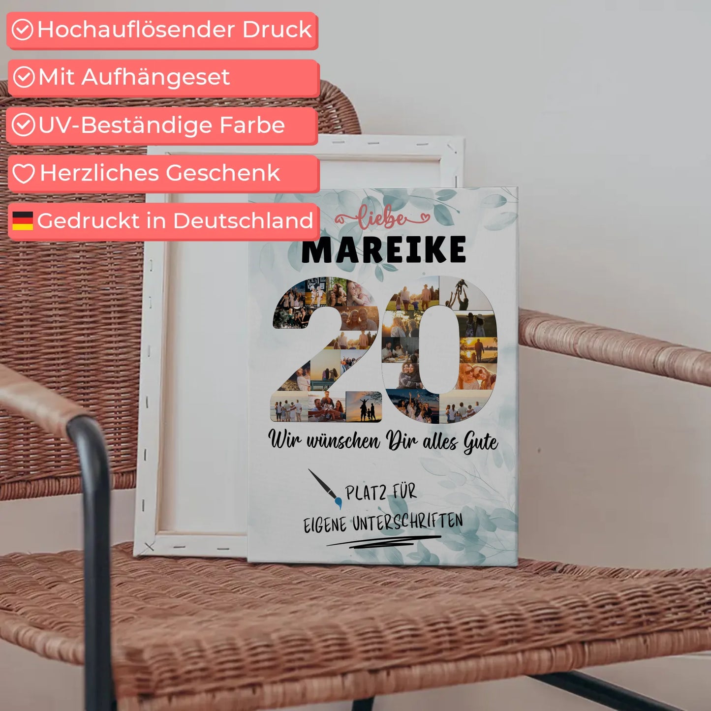Personalisierte Fotoleinwand mit Wunschtext 20 Geburtstag Schwester Tochter Freundin