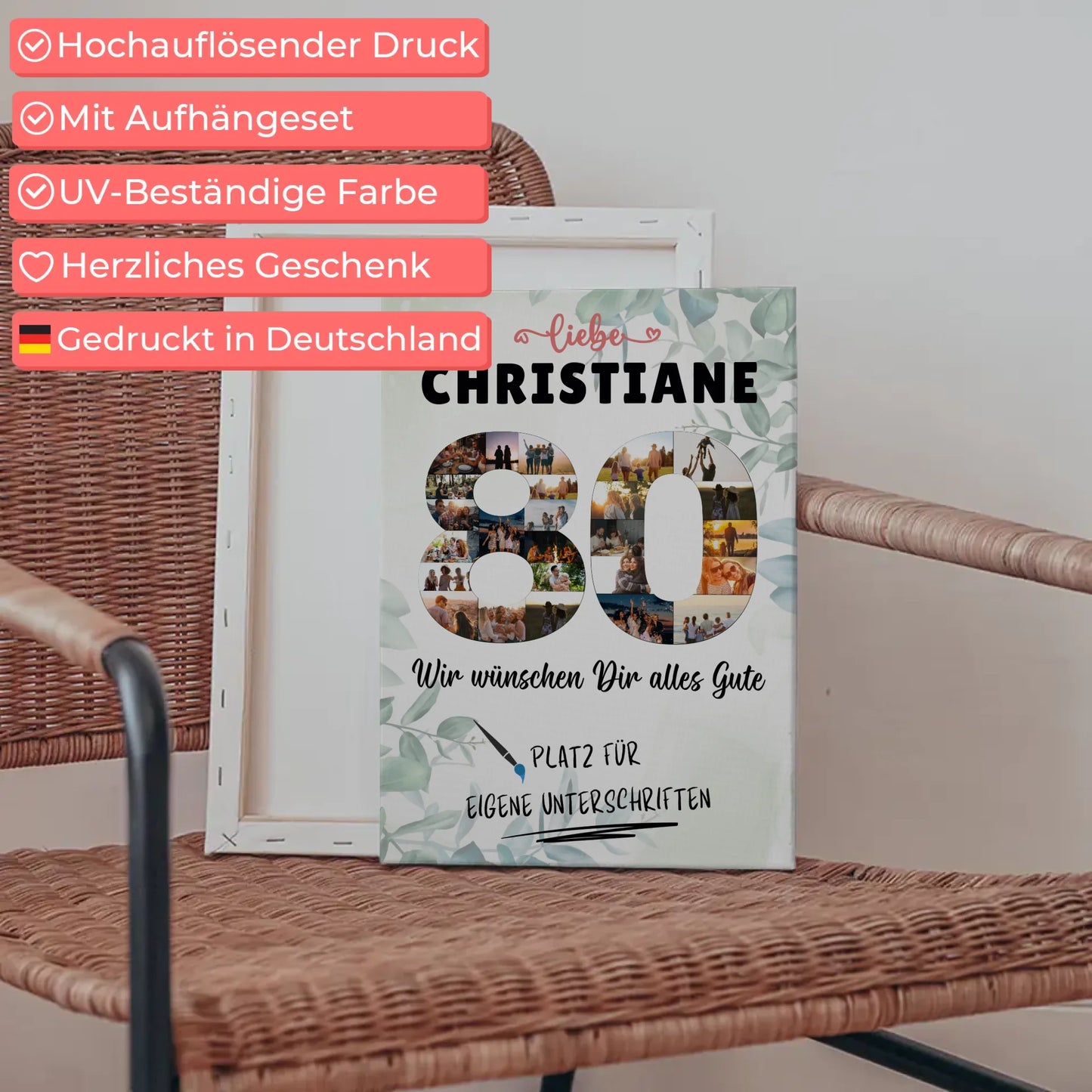 Personalisierte Fotoleinwand mit Wunschtext 80 Geburtstag für Oma Mama