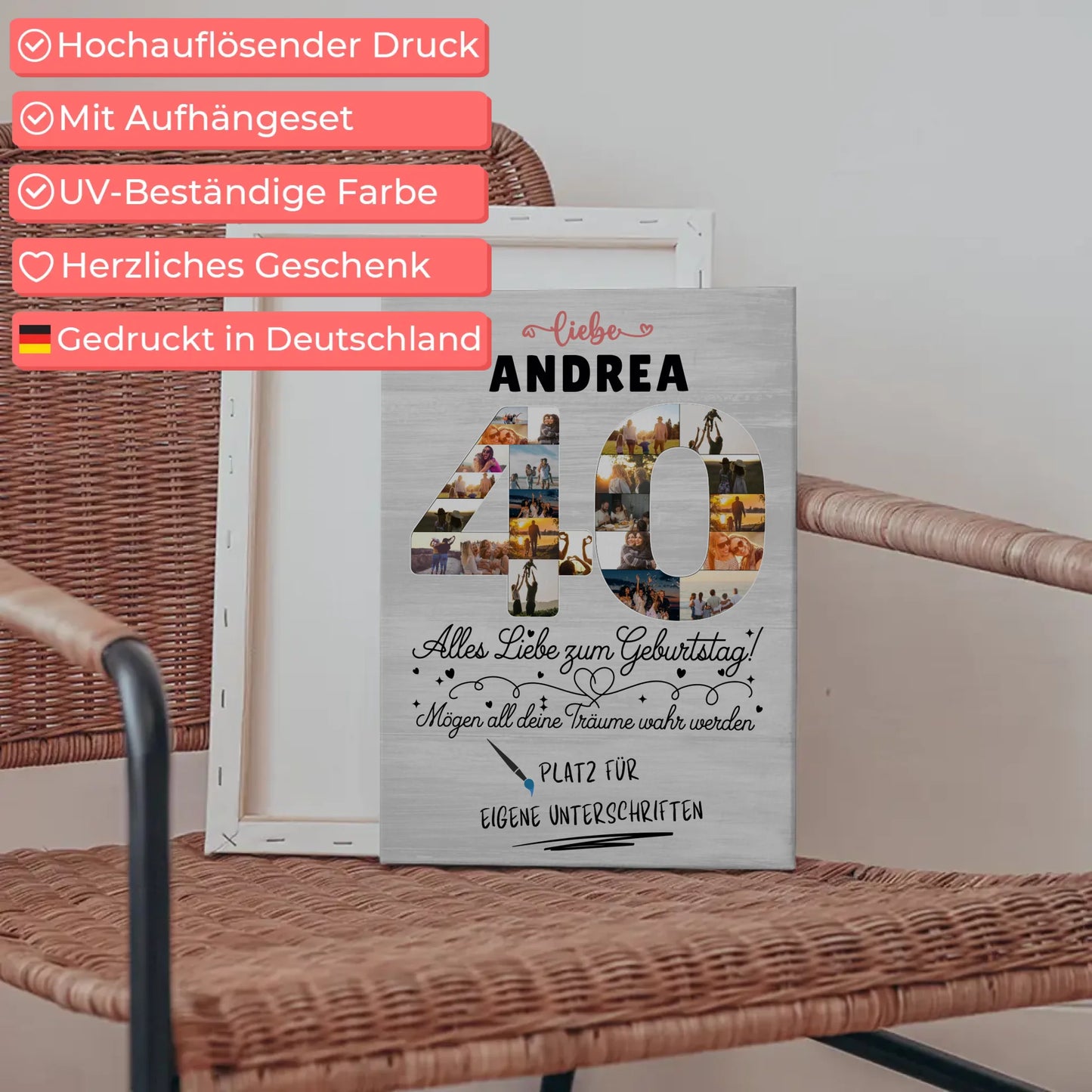 Personalisierte Fotoleinwand 40 Geburtstag mit Fotos Wunsch Name