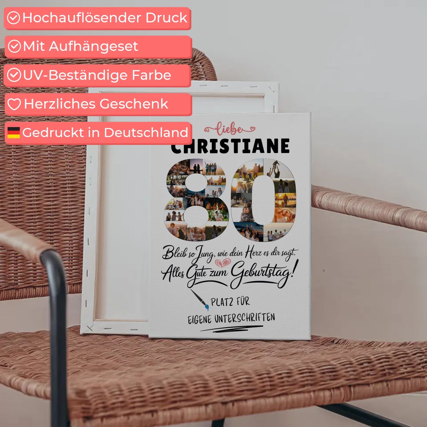Personalisierte Fotoleinwand 80 Geburtstag mit Fotos und Name