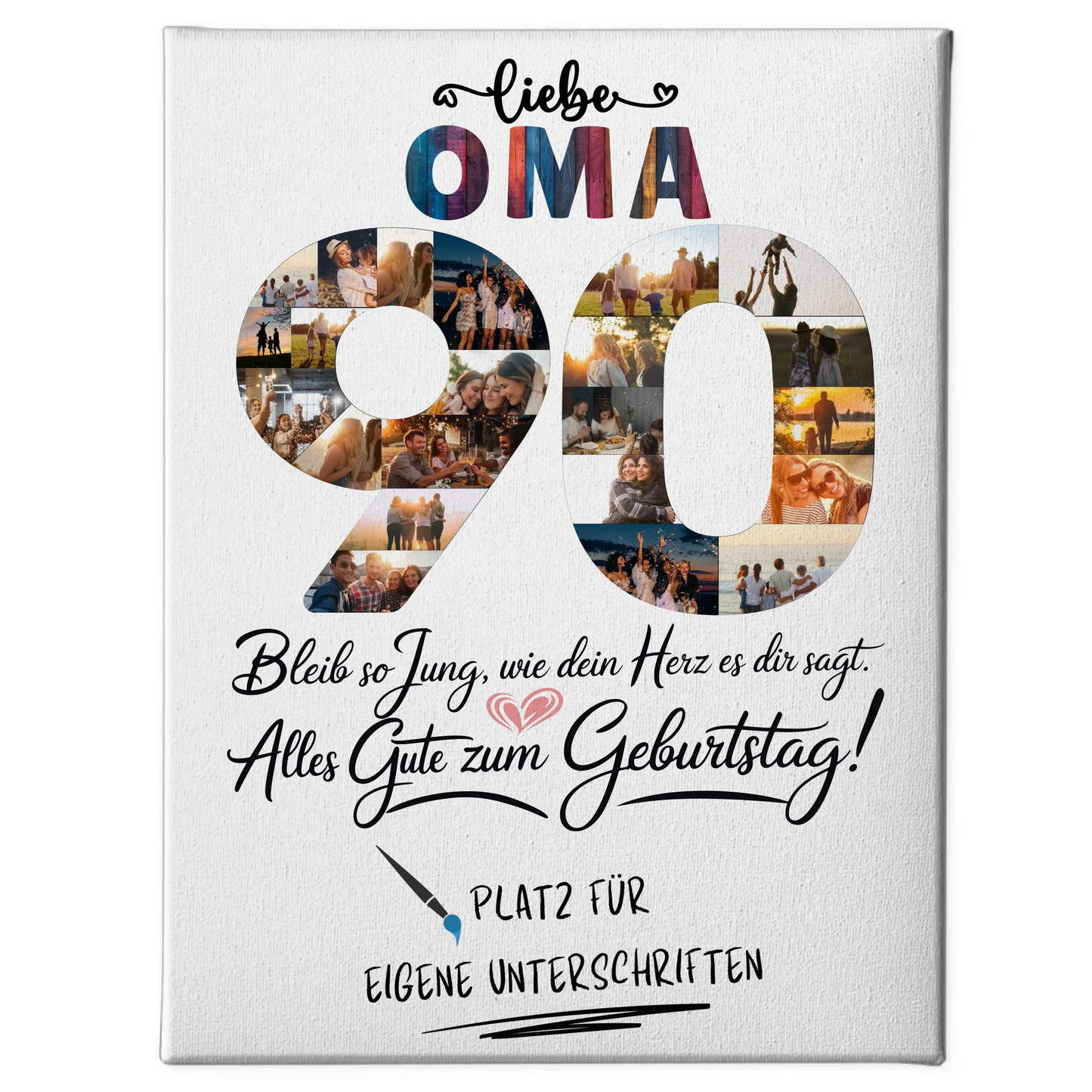 Personalisierte Fotoleinwand mit Unterschriften für Oma 90 Geburtstag