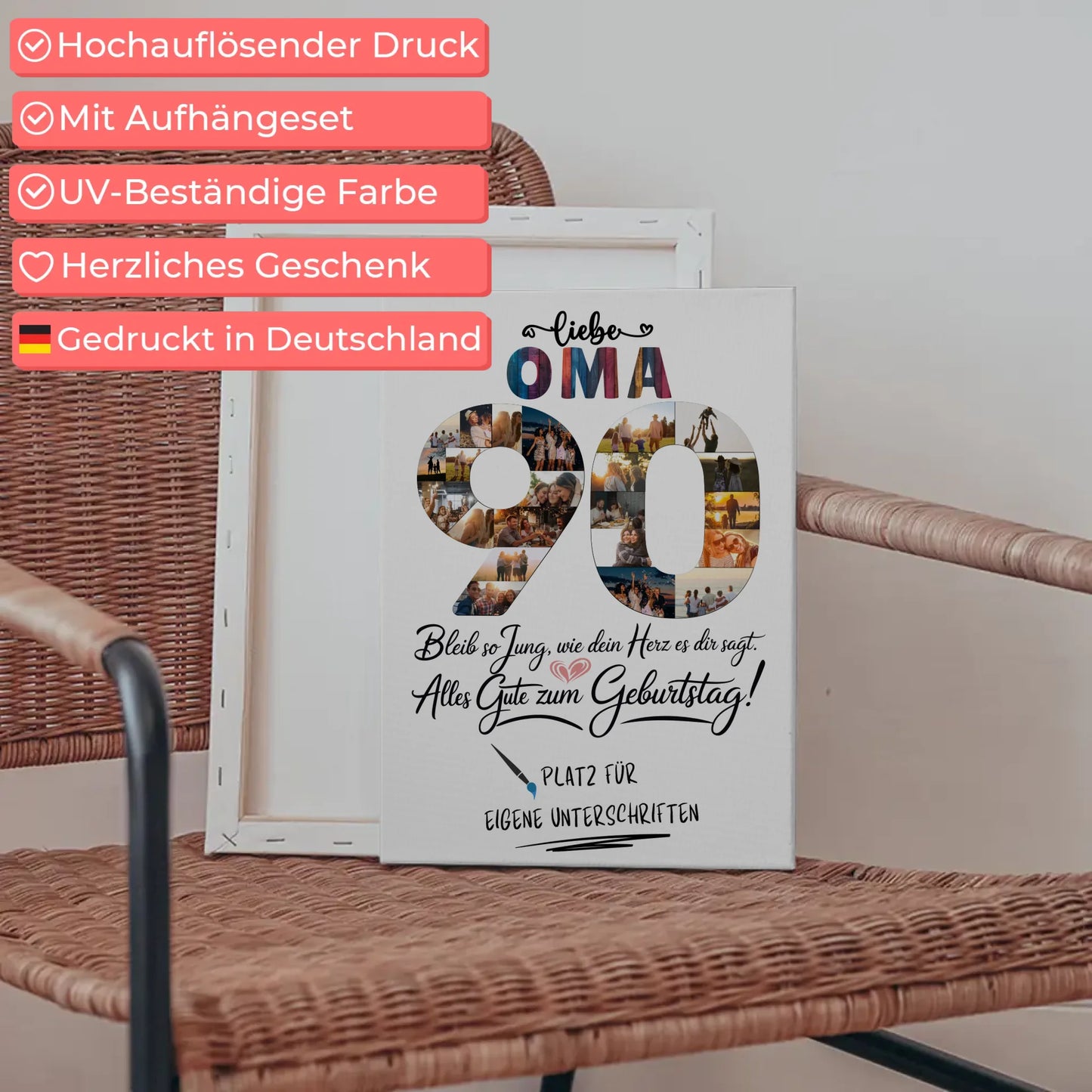 Personalisierte Fotoleinwand mit Unterschriften für Oma 90 Geburtstag