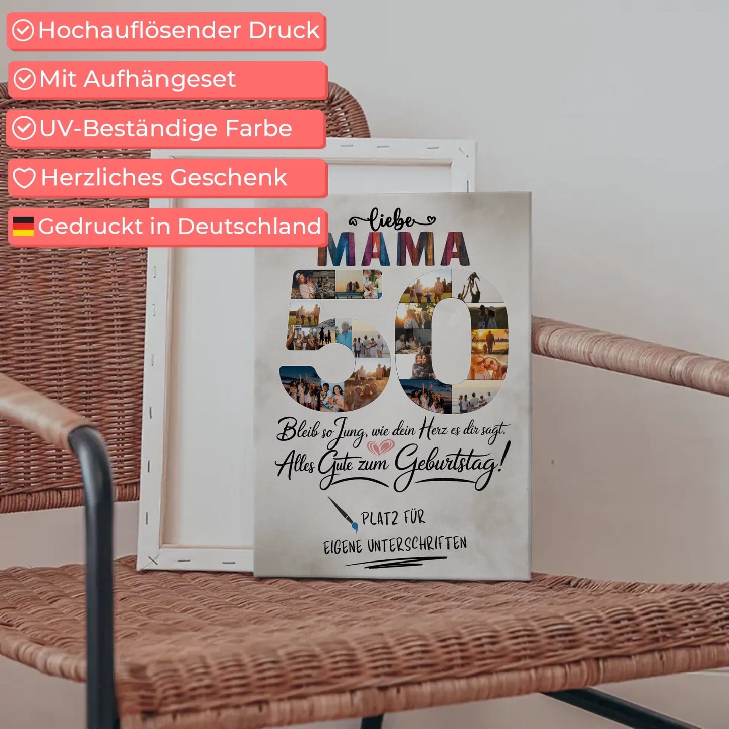 Personalisierte Fotoleinwand Mama 50 Geburtstag mit Unterschriften