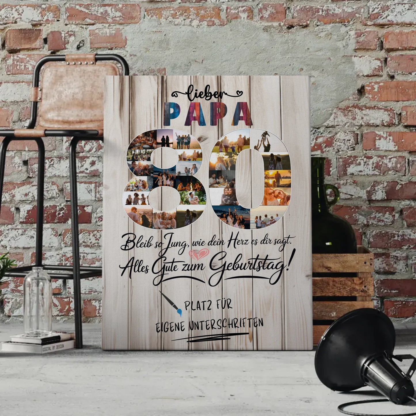 Personalisierte Fotoleinwand mit Unterschriften Papa 80 Geburtstag Fotos Bleib Jung