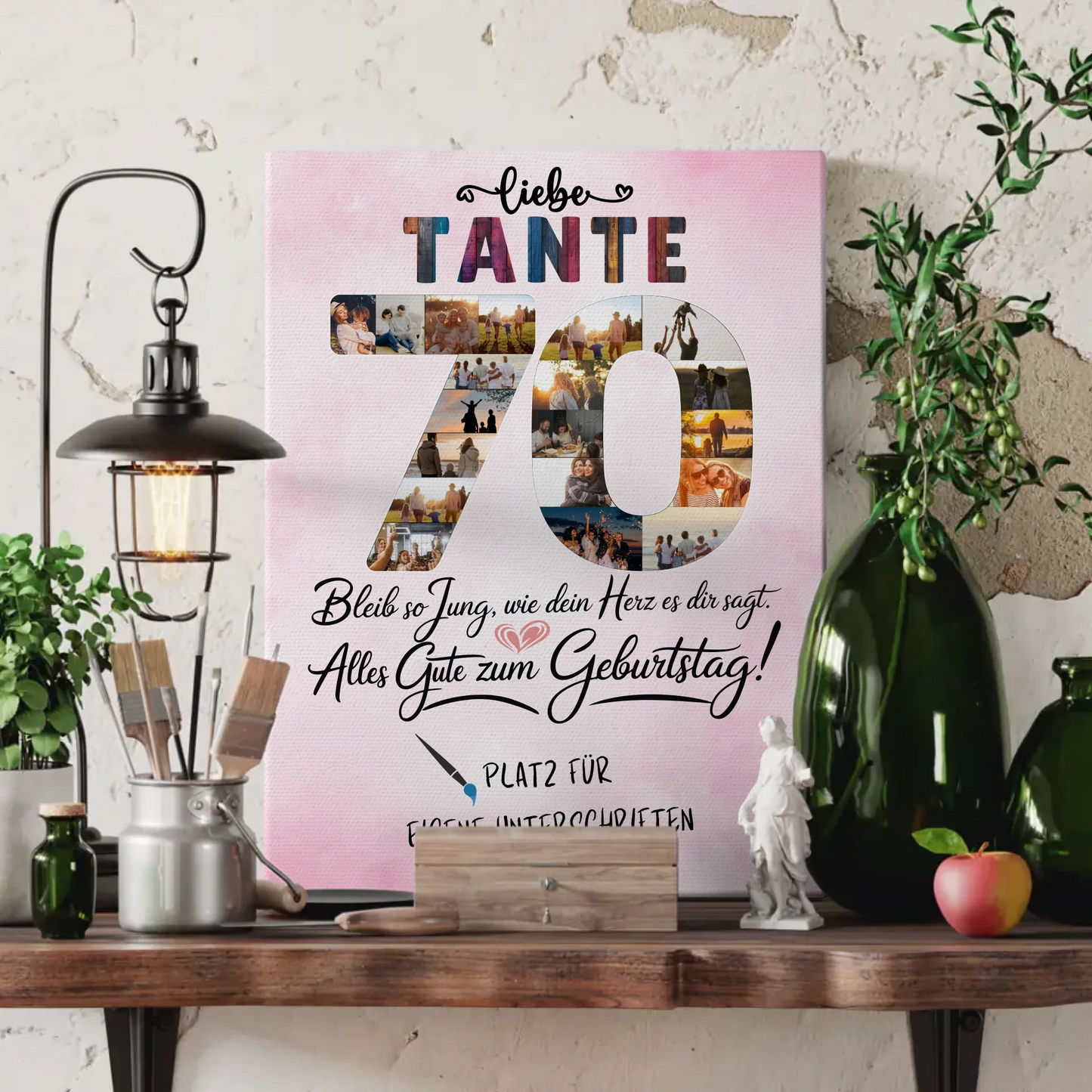 Personalisierte Fotoleinwand mit Unterschriften Tante 70 Geburtstag Fotos Bleib Jung
