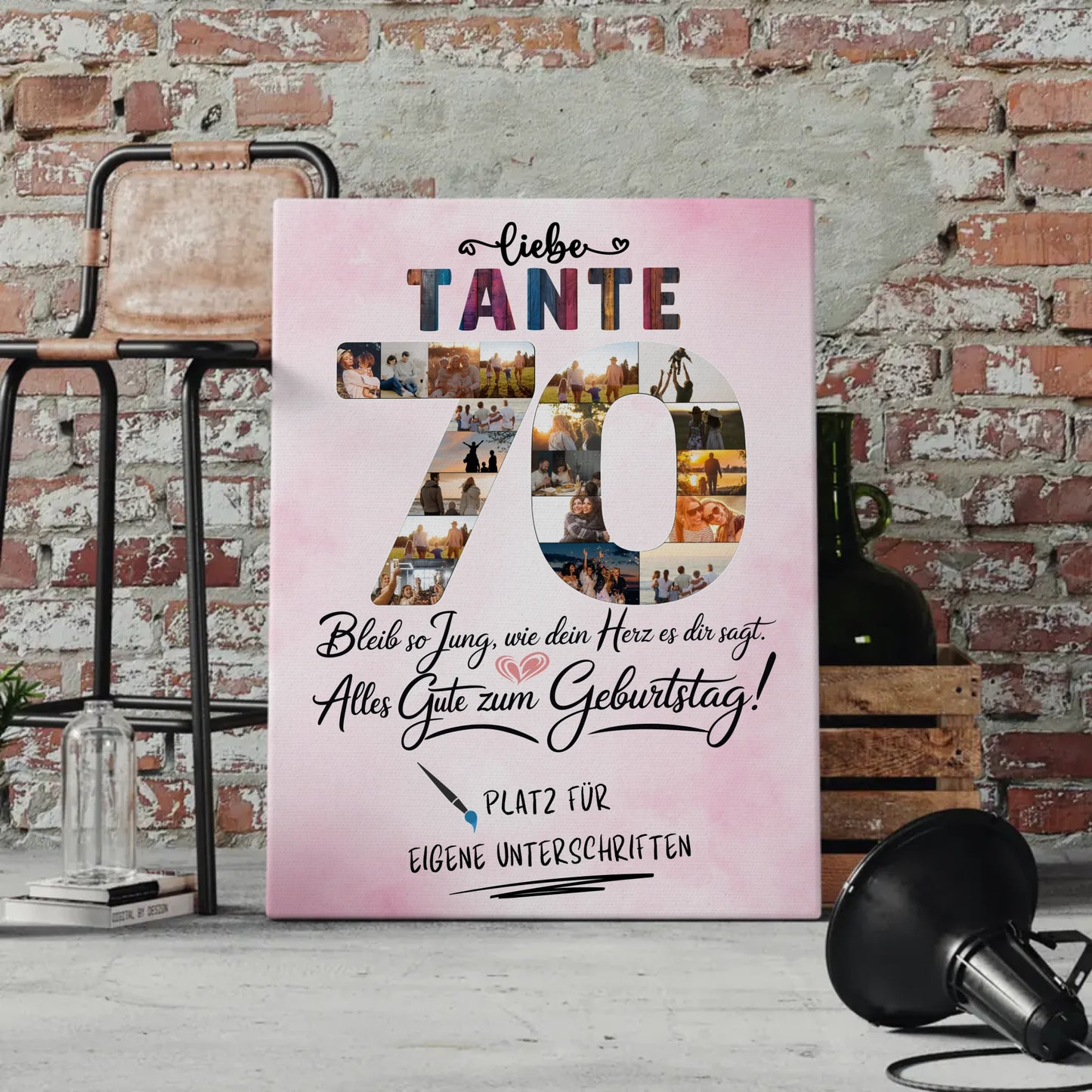 Personalisierte Fotoleinwand mit Unterschriften Tante 70 Geburtstag Fotos Bleib Jung