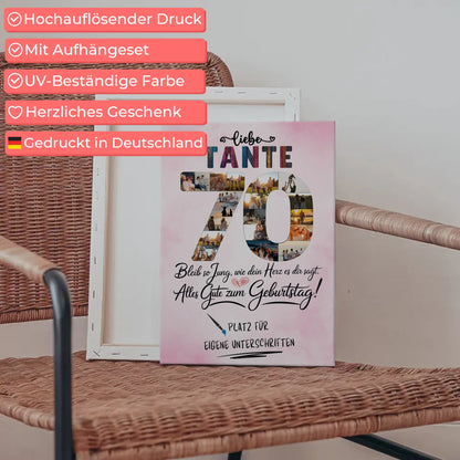 Personalisierte Fotoleinwand mit Unterschriften Tante 70 Geburtstag Fotos Bleib Jung