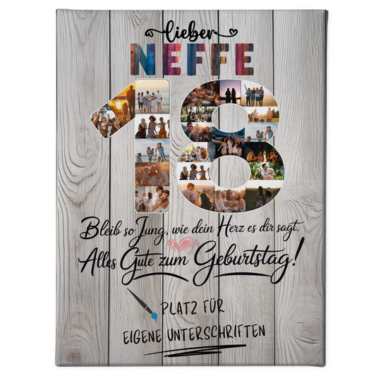 Personalisierte Fotoleinwand mit Unterschriften Neffe 18 Geburtstag Fotos