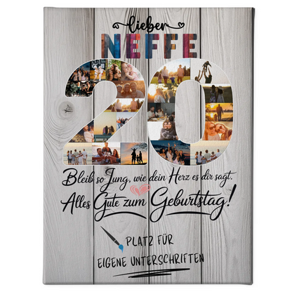 Personalisierte Fotoleinwand Neffe zum 20 Geburtstag mit Unterschriften
