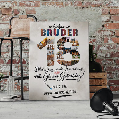 Personalisierte Fotoleinwand Bruder 18 Geburtstag mit Fotos Unterschriften