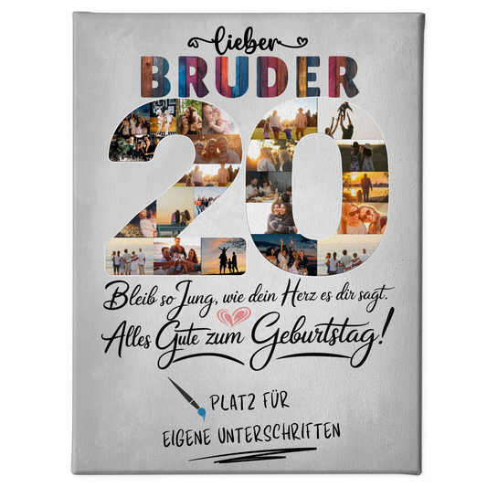 Personalisierte Fotoleinwand Bruder 20 Geburtstag mit Unterschriften