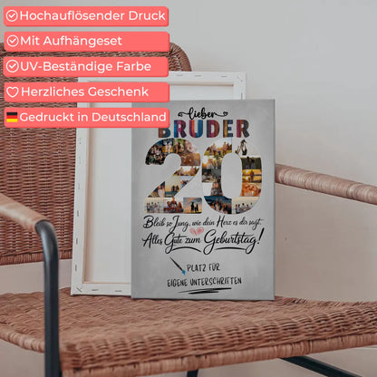 Personalisierte Fotoleinwand Bruder 20 Geburtstag mit Unterschriften