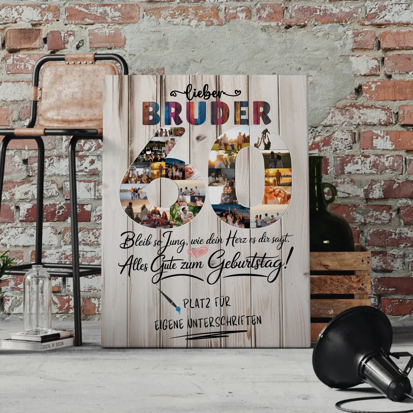 Personalisierte Fotoleinwand mit Unterschriften Bruder 60 Geburtstag Fotos Bleib Jung