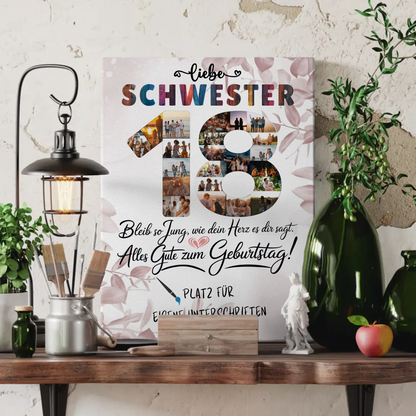 Personalisierte Fotoleinwand Schwester 18 Geburtstag mit Unterschriften Fotos