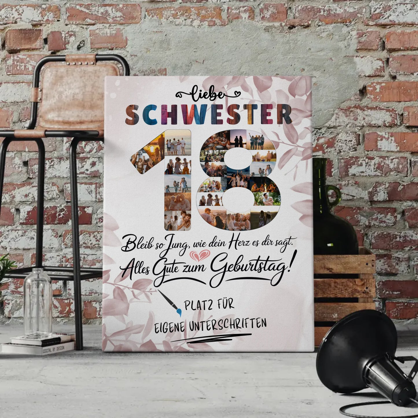 Personalisierte Fotoleinwand Schwester 18 Geburtstag mit Unterschriften Fotos