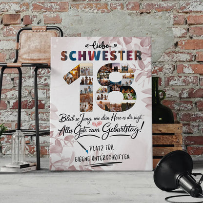 Personalisierte Fotoleinwand Schwester 18 Geburtstag mit Unterschriften Fotos