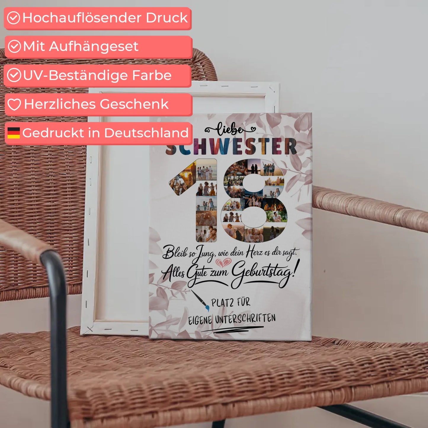 Personalisierte Fotoleinwand Schwester 18 Geburtstag mit Unterschriften Fotos