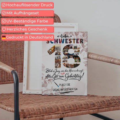 Personalisierte Fotoleinwand Schwester 18 Geburtstag mit Unterschriften Fotos