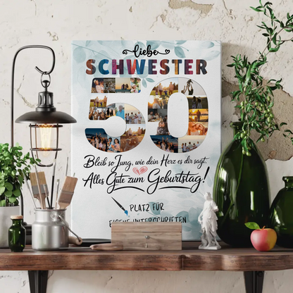 Personalisierte Fotoleinwand mit Unterschriften Schwester 50 Geburtstag Fotos