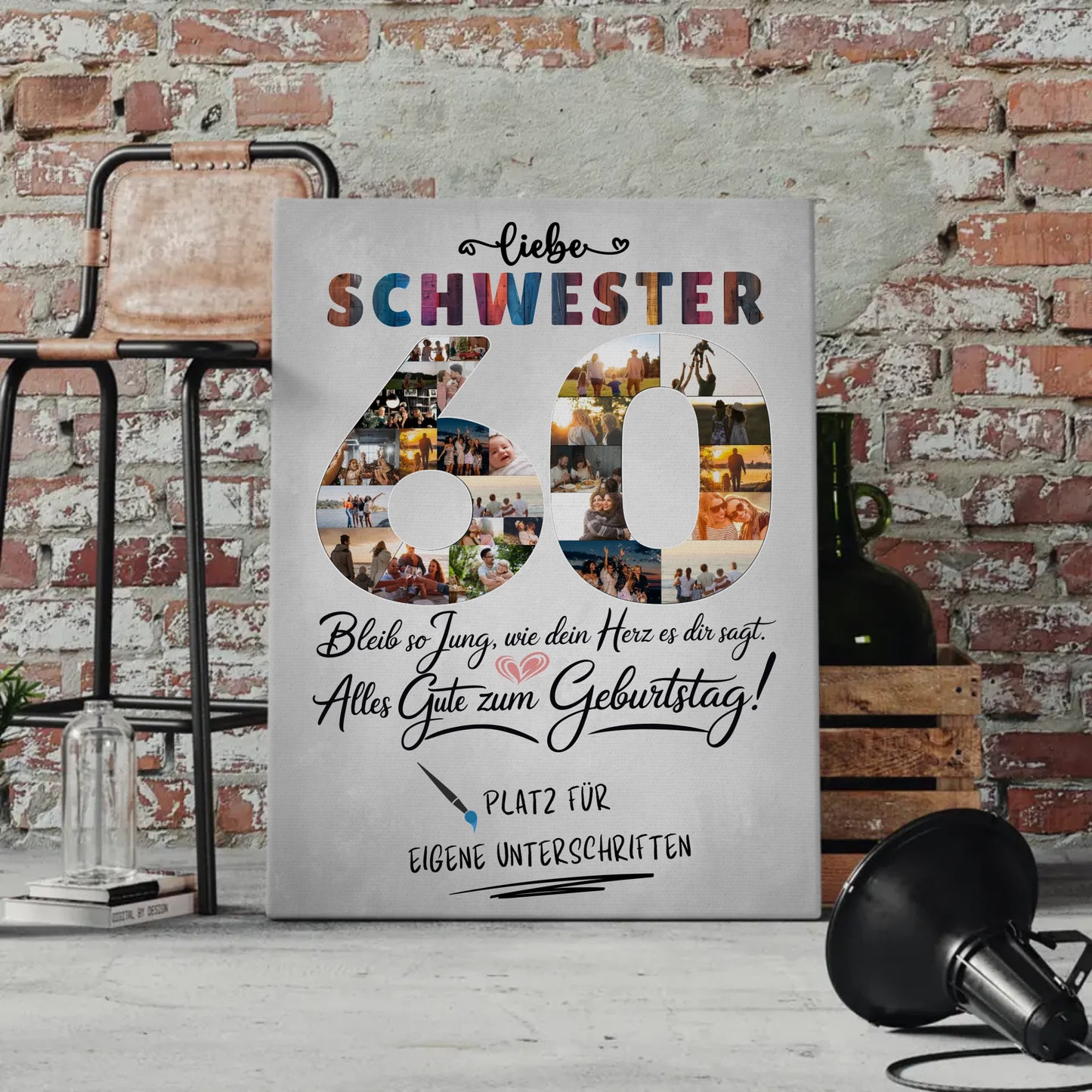 Personalisierte Fotoleinwand mit Unterschriften Schwester 60 Geburtstag Fotos